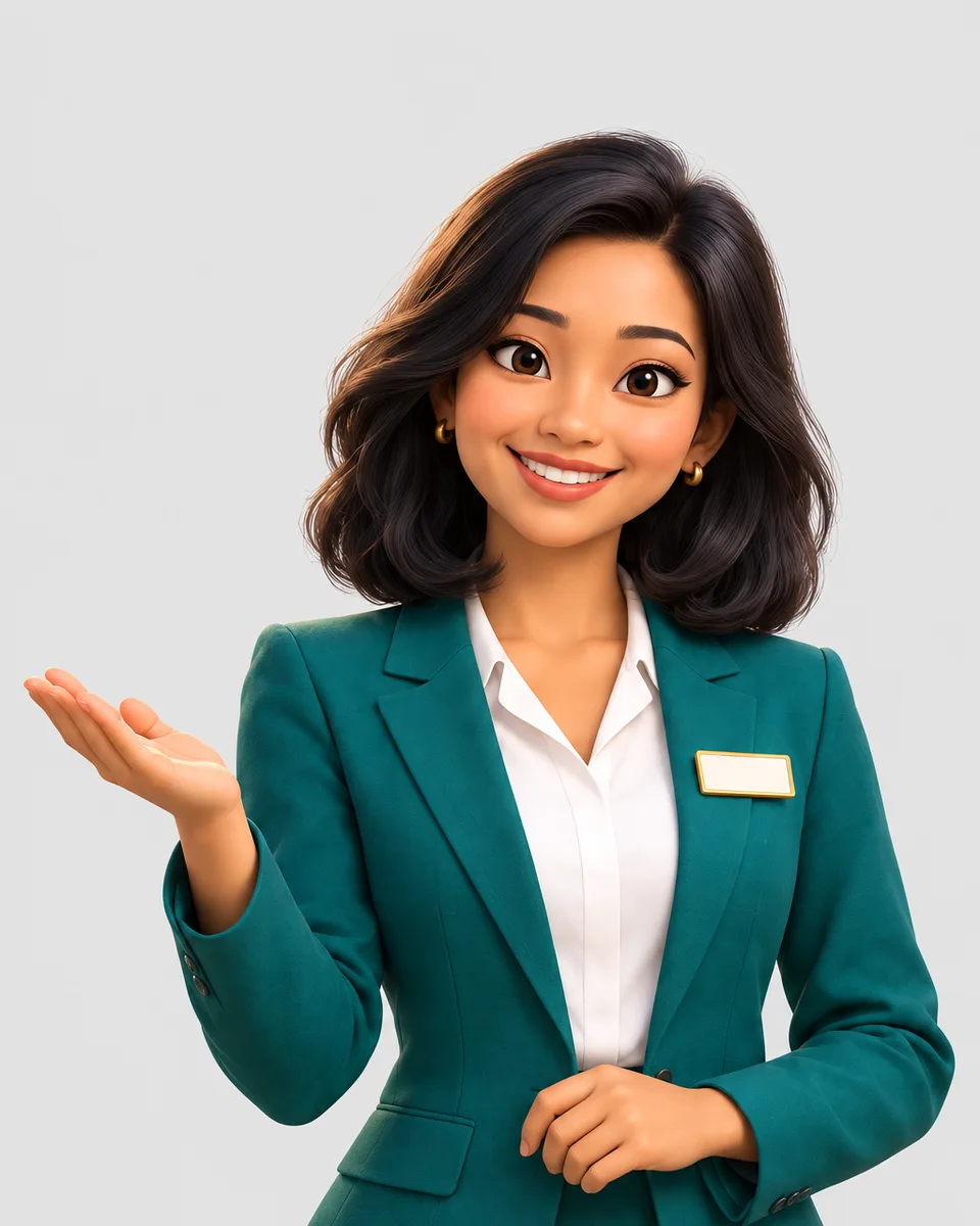 Dahlia, the AI receptionist, in her jade uniform