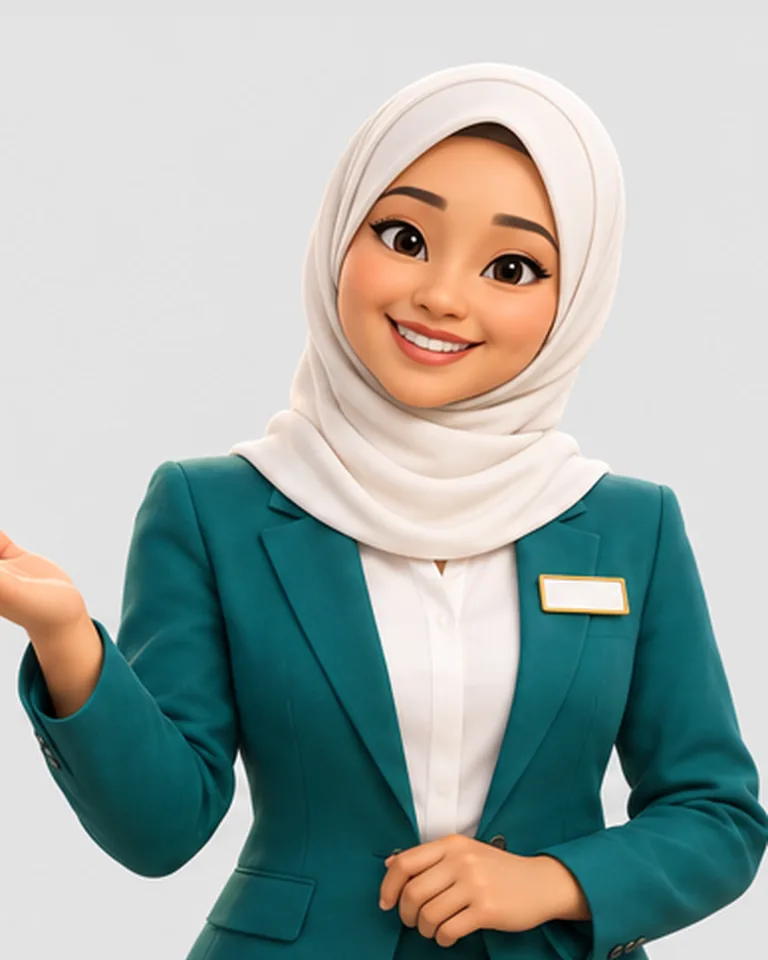 Aisyah, receptionist AI, dalam uniform jade